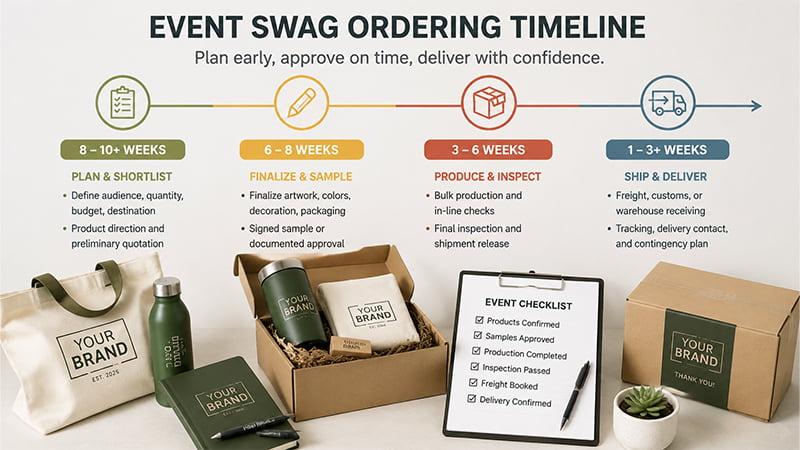 Event swag ordering timeline showing product selection, sample approval, production inspection, and delivery process
