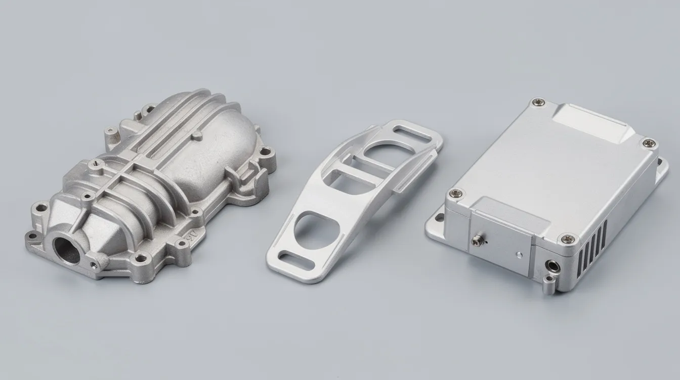 The image showcases a diverse collection of die cast parts from various industries, including an automotive housing, a medical device bracket, and a small electronics enclosure, all highlighting the precision die casting process. Each component reflects high-quality craftsmanship and tight tolerances typical of advanced die casting solutions.