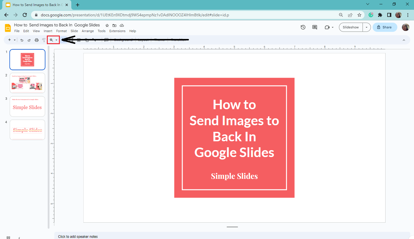 Select the "magnifying glass with plus sign inside" icon from the toolbar of your Google Slides. 