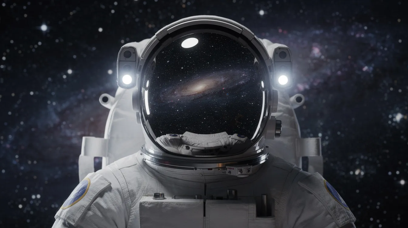 Die Nahaufnahme zeigt einen Astronauten in einem Raumanzug mit einem verspiegelten Helmvisier, in dem sich funkelnde Sterne des Universums widerspiegeln. Diese Szene erinnert an die faszinierenden Elemente des Science-Fiction-Films "Interstellar", der die Menschheit auf einer epischen Reise durch den Weltraum begleitet.
