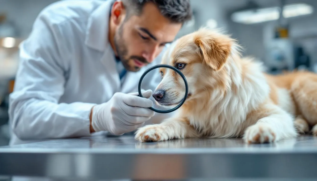 A veterinarian is closely examining a dog's skin with a magnifying glass, focusing on areas with dry, flaky skin that may indicate issues like dog dandruff or fungal skin infections. The examination aims to assess the dog's skin health and identify any underlying problems, such as allergies or external parasites.