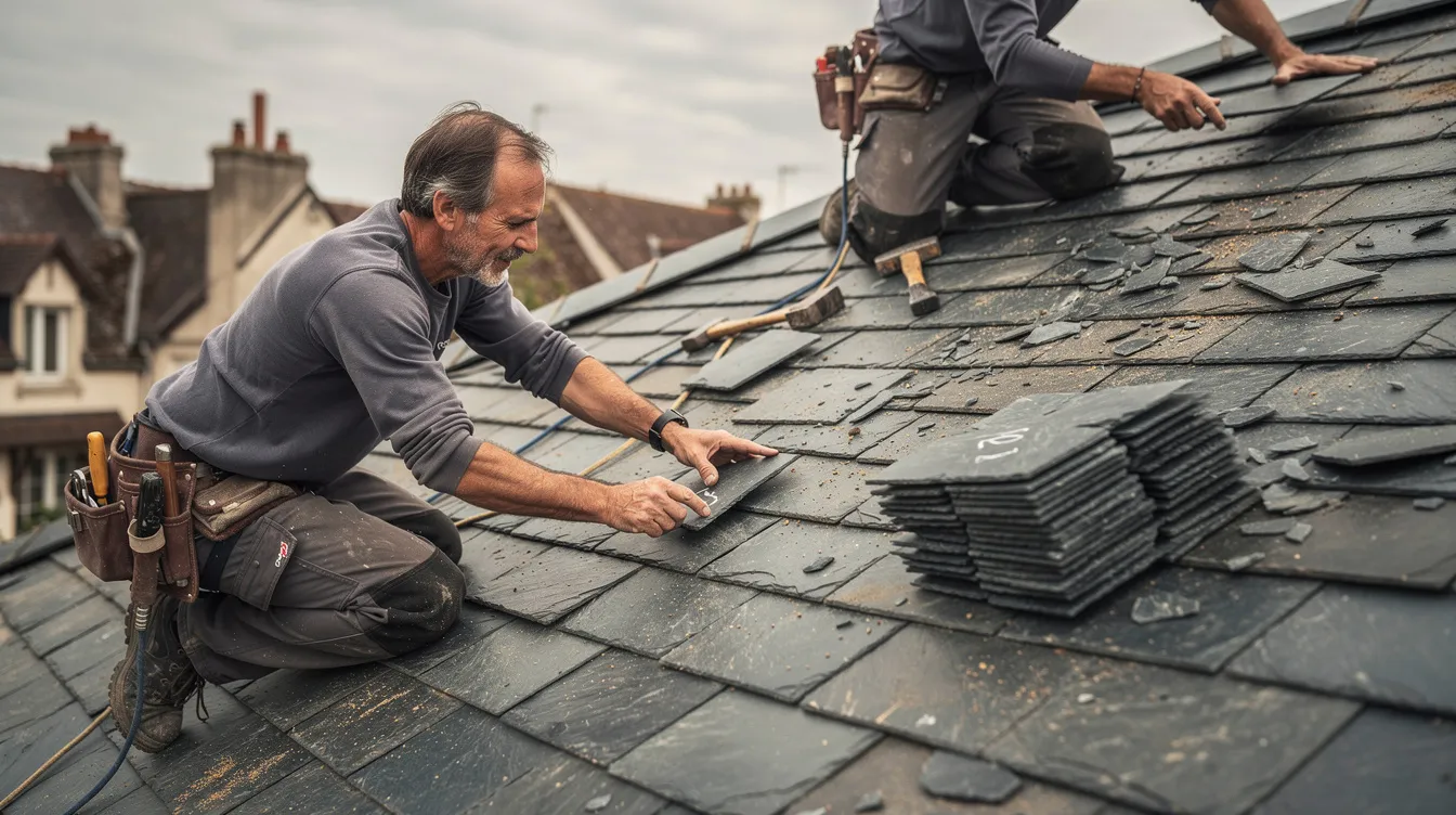 Des artisans couvreurs travaillent sur une toiture en ardoise, mettant en œuvre leur savoir-faire pour assurer la rénovation de la couverture d'une maison. On peut apercevoir des outils et des matériaux typiques de leur métier, témoignant de leur expertise en travaux de toiture.