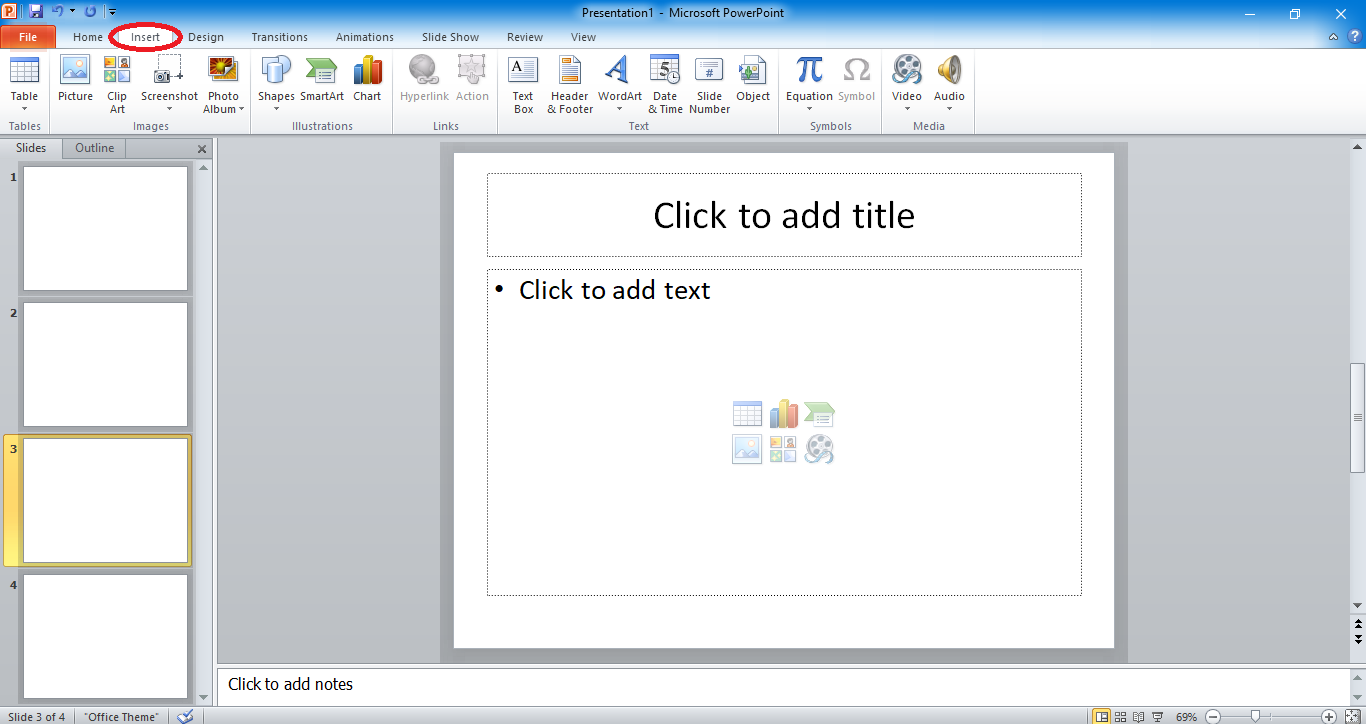 Open your PowerPoint, and click "Insert" then "Pictures"