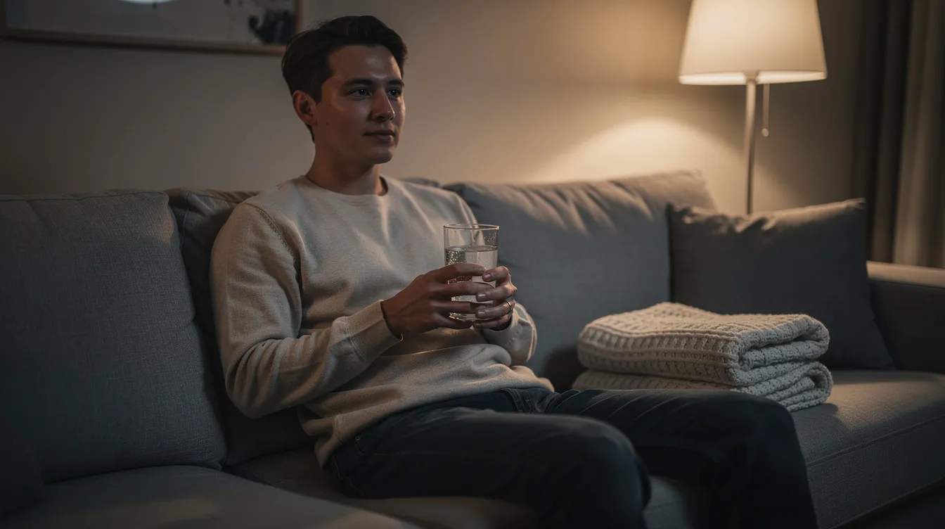 The image depicts a person sitting calmly on a couch in a dimly lit room, holding a glass of water, with a cozy blanket nearby, suggesting a serene atmosphere ideal for relaxation. This setting may evoke the tranquil effects associated with naturally occurring cannabinoids like THCP, known for their potential benefits in stress relief and deep relaxation.