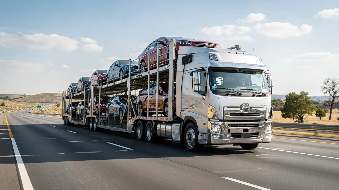 A large auto transport truck is seen driving along an interstate highway, symbolizing the essential role of vehicle shipping in military relocations. This truck could be part of a military car shipping service, helping service members transport their privately owned vehicles to new duty stations across the continental United States.
