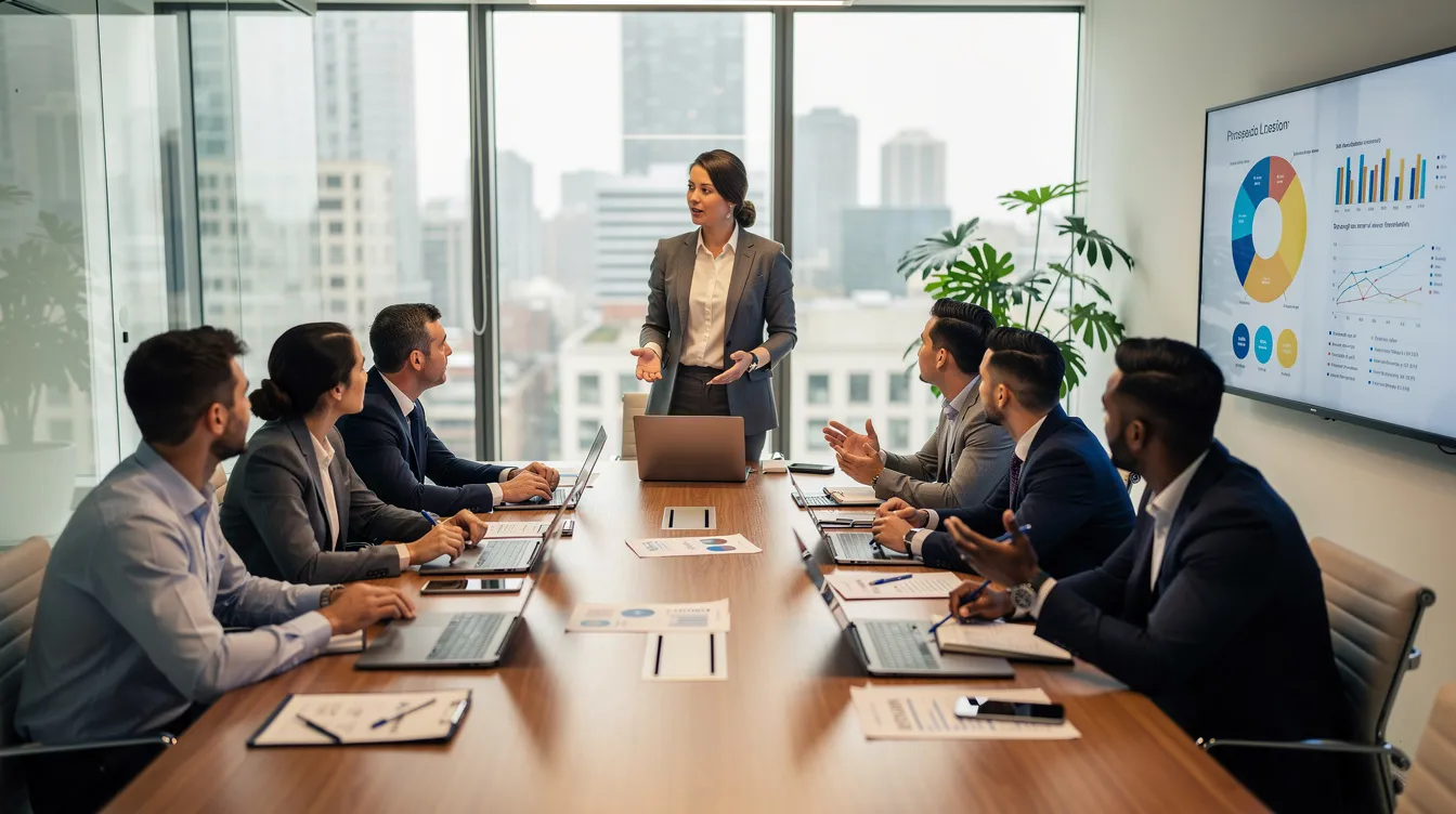 The image depicts a professional team meeting in a modern office conference room, where employees collaborate on strategies related to employee retention credits and tax credits. They discuss important topics such as eligible businesses, qualified wages, and the processes for ERC claims, highlighting the significance of tax professionals in guiding companies through the complexities of tax returns and government programs.