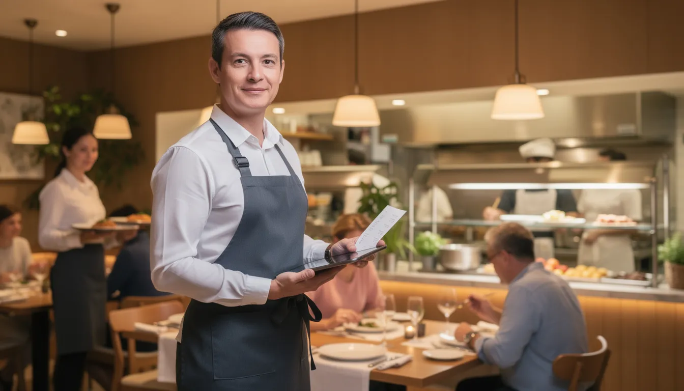 A confident family-owned restaurant owner stands inside their amazing and bustling establishment, calmly observing staff and reviewing orders on a tablet, embodying professionalism and control. The modern, well-maintained space is filled with warm lighting and the energy of active service, reflecting themes of growth and financial success, as they move forward with the support of their funding partner. to help grow.