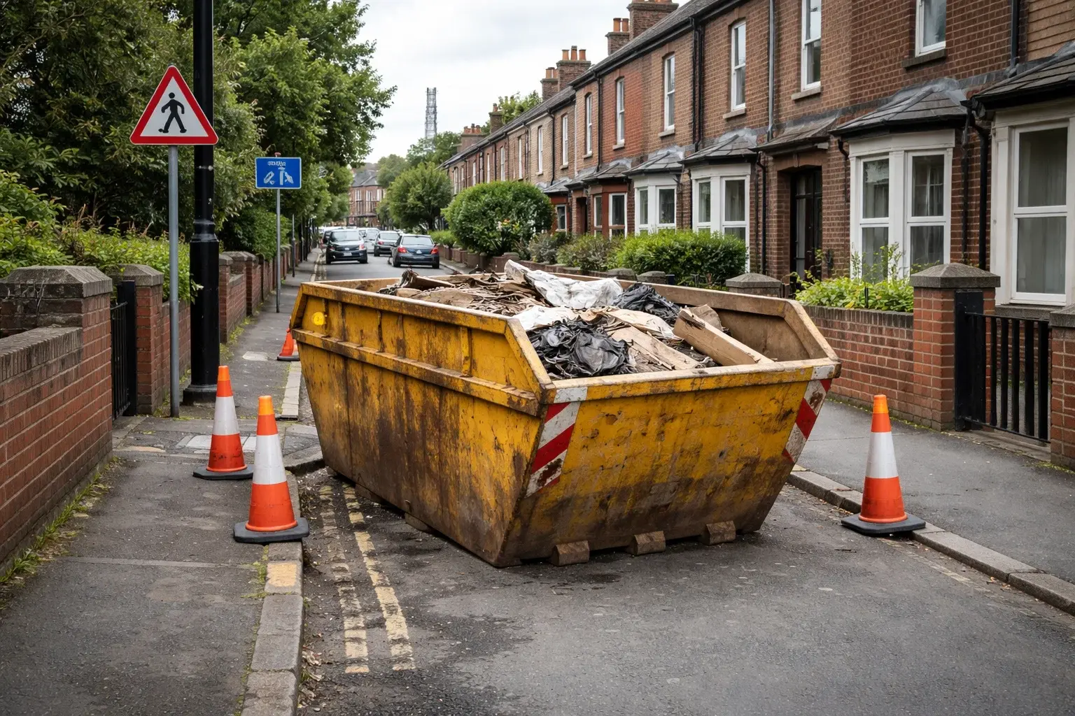 Skip placed on a public road without proper permit blocking access on a UK street