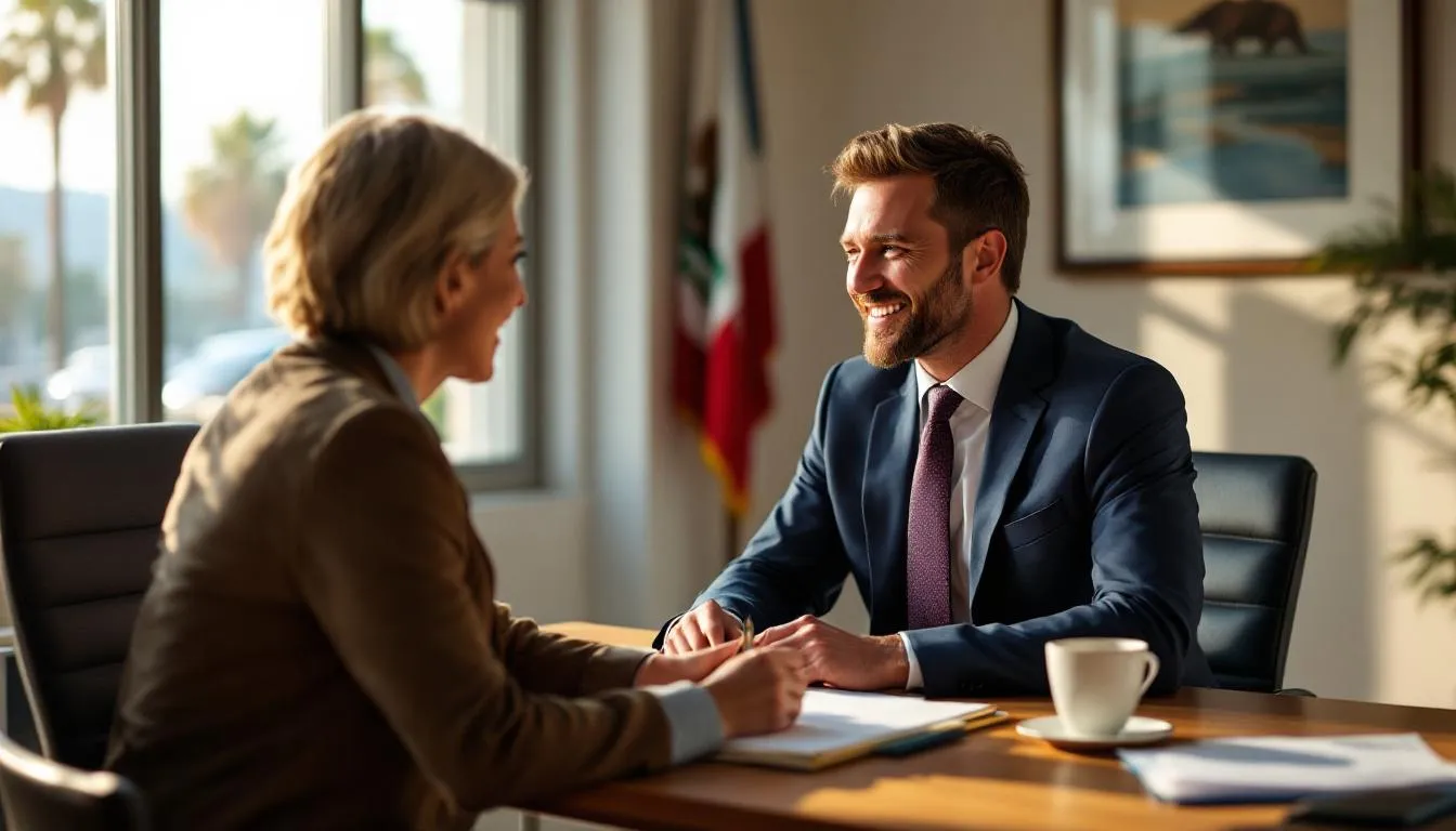 An attorney is shown confidently guiding a happy client through complex California probate matters, with a backdrop of iconic California scenery. The scene emphasizes the supportive atmosphere of the law firm, highlighting the experienced probate attorney's role in ensuring a smooth probate process for their client.