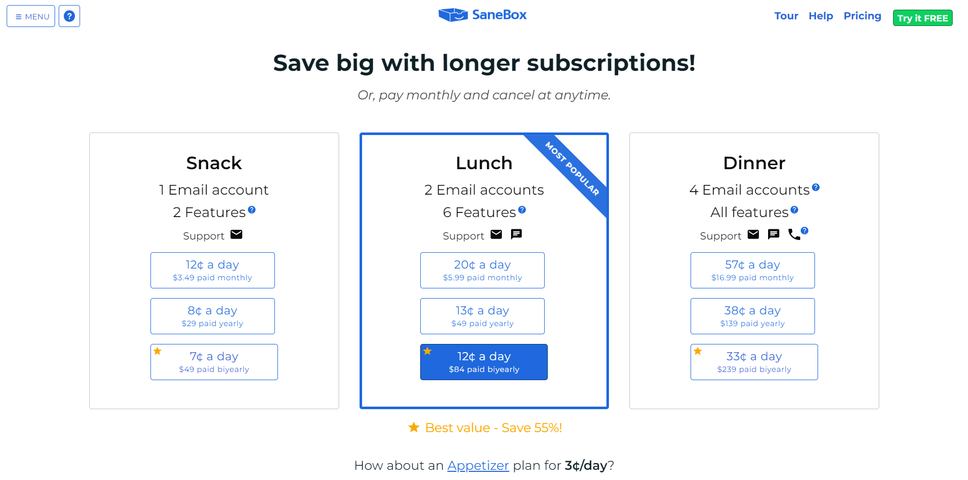 SaneBox pricing page