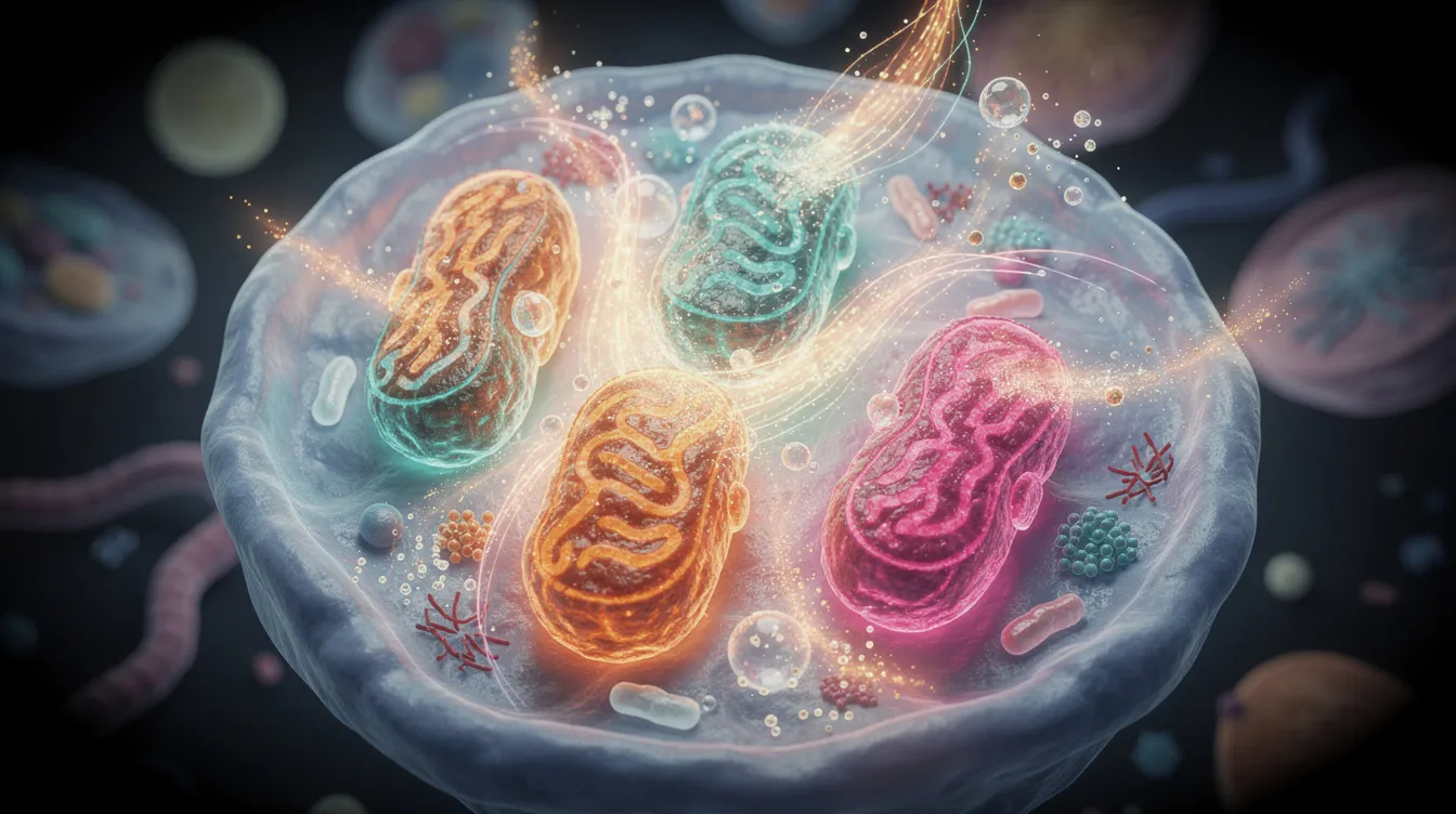 The image depicts a vibrant illustration of mitochondria within a cell, showcasing dynamic energy particles that represent energy production and mitochondrial function. This colorful representation highlights the importance of mitochondria in cellular health, potentially linking to discussions on dietary supplements like methylene blue and their effects on oxidative stress and cognitive function.
