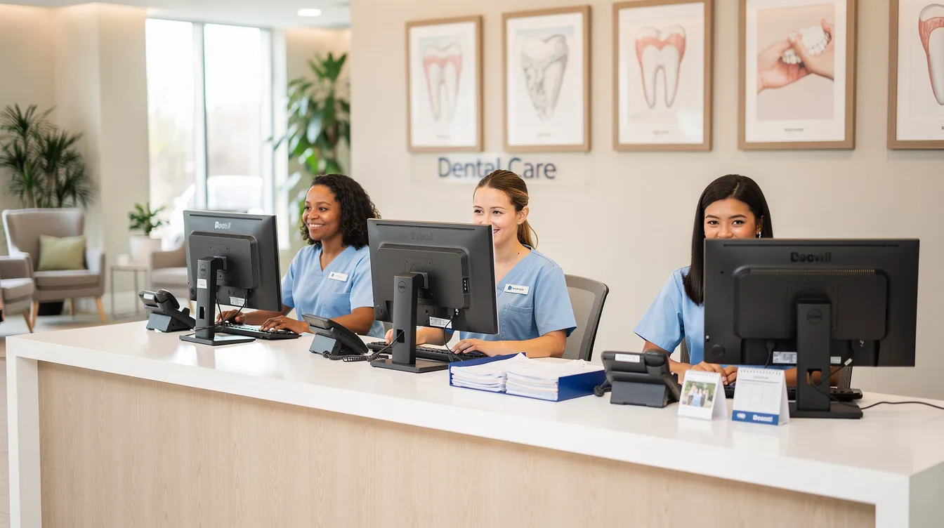 The image depicts a dental office front desk where staff members are engaged at their computer stations, managing administrative tasks related to patient care and dental billing. This setting highlights the importance of efficient billing processes and insurance verification in dental practices.