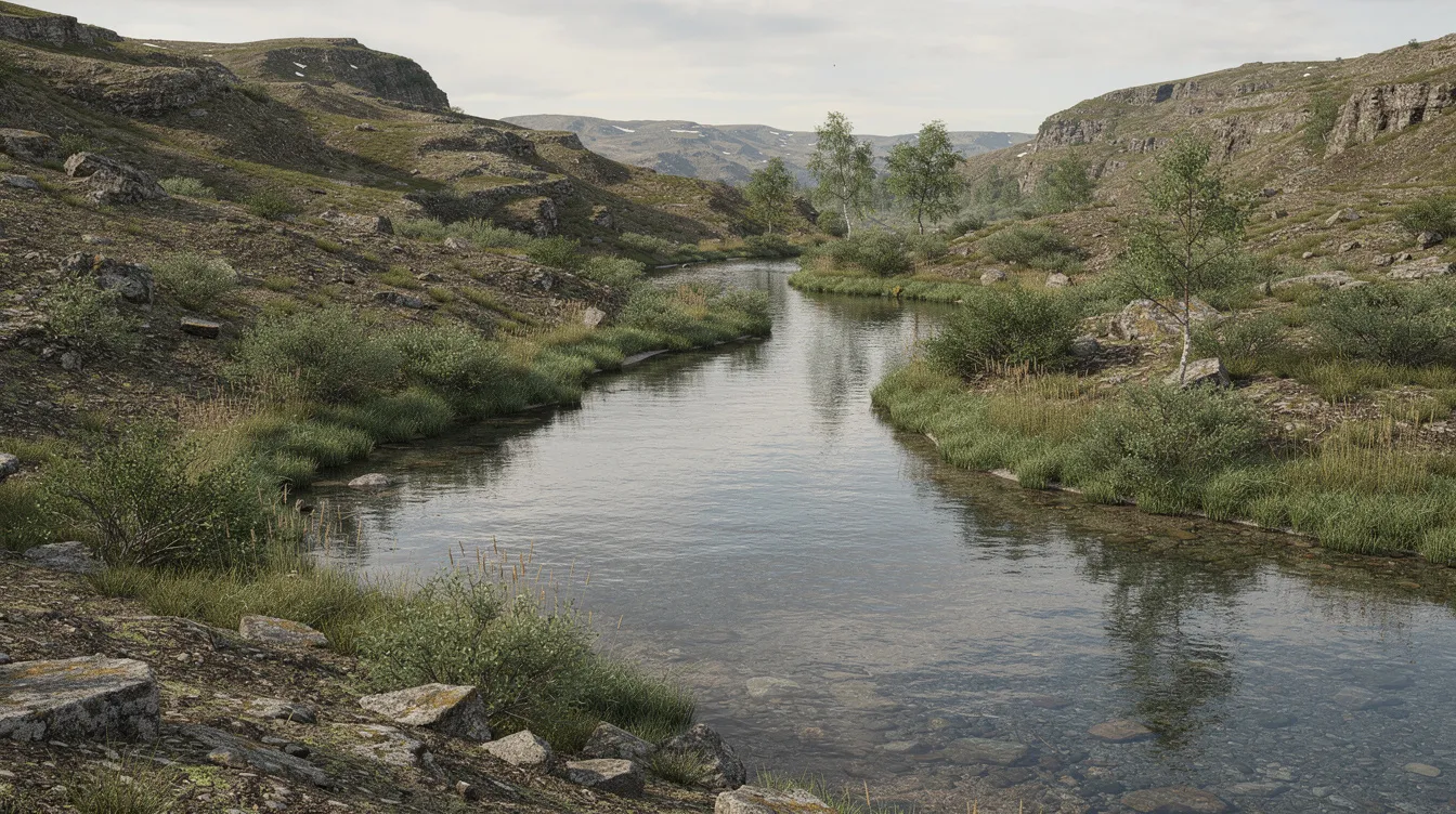 A serene river meanders through rugged wilderness, with lush green vegetation lining its banks, evoking a sense of tranquility reminiscent of the natural settings where ancient communities, such as the Essenes, might have sought ritual purity and solace away from the complexities of urban life.