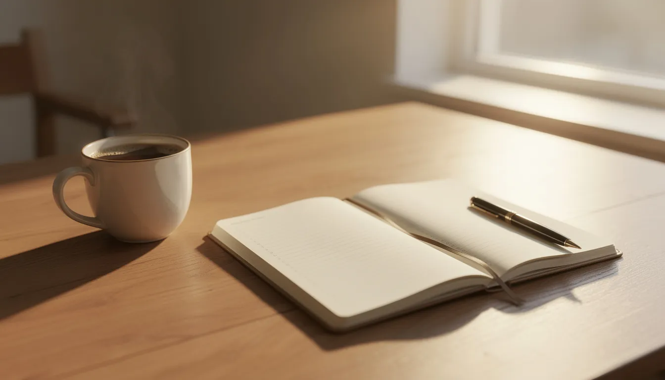 The image shows a cozy wooden desk bathed in morning sunlight, featuring a steaming coffee cup beside an open planner, symbolizing the importance of maintaining healthy routines and self-care in the recovery journey. This serene setting promotes mindfulness practices that can enhance emotional well-being and support long-term sobriety.