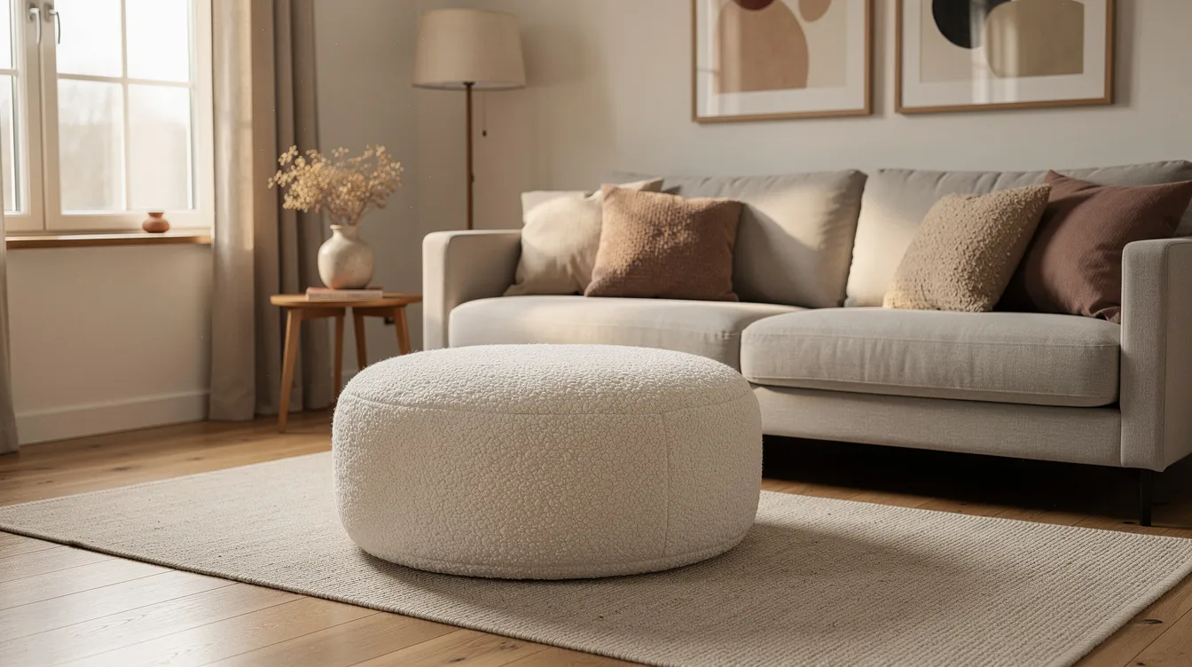 Ett mysigt vardagsrum med en rund teddy-puff i offwhite placerad framför en soffa i ljusa toner, vilket skapar en varm och inbjudande atmosfär. Puffen erbjuder extra komfort och fungerar som en stilren inredningsdetalj i rummet.
