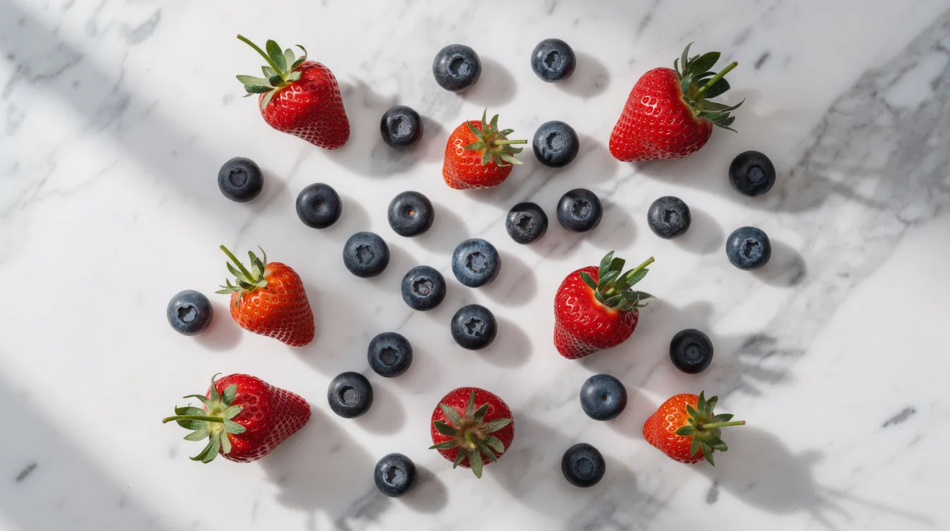 The image features a vibrant arrangement of fresh blueberries and strawberries scattered across a smooth white marble surface, showcasing their rich colors and natural appeal. This visually enticing display evokes a sense of health and well-being, reminiscent of the delicious taste and health benefits of gummy supplements like lion's mane mushroom gummies and reishi mushroom gummies.