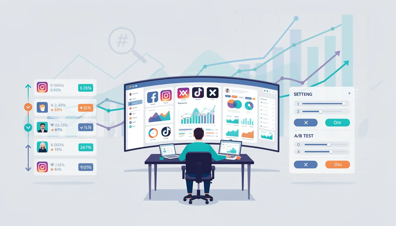 An image depicting a person analyzing data on a computer screen, focusing on social media engagement metrics and search engine rankings, highlighting the importance of monitoring and adapting social media SEO strategies for effective digital marketing. Various social media platforms and relevant keywords are visible in the analysis, emphasizing their role in driving website traffic and enhancing brand visibility.