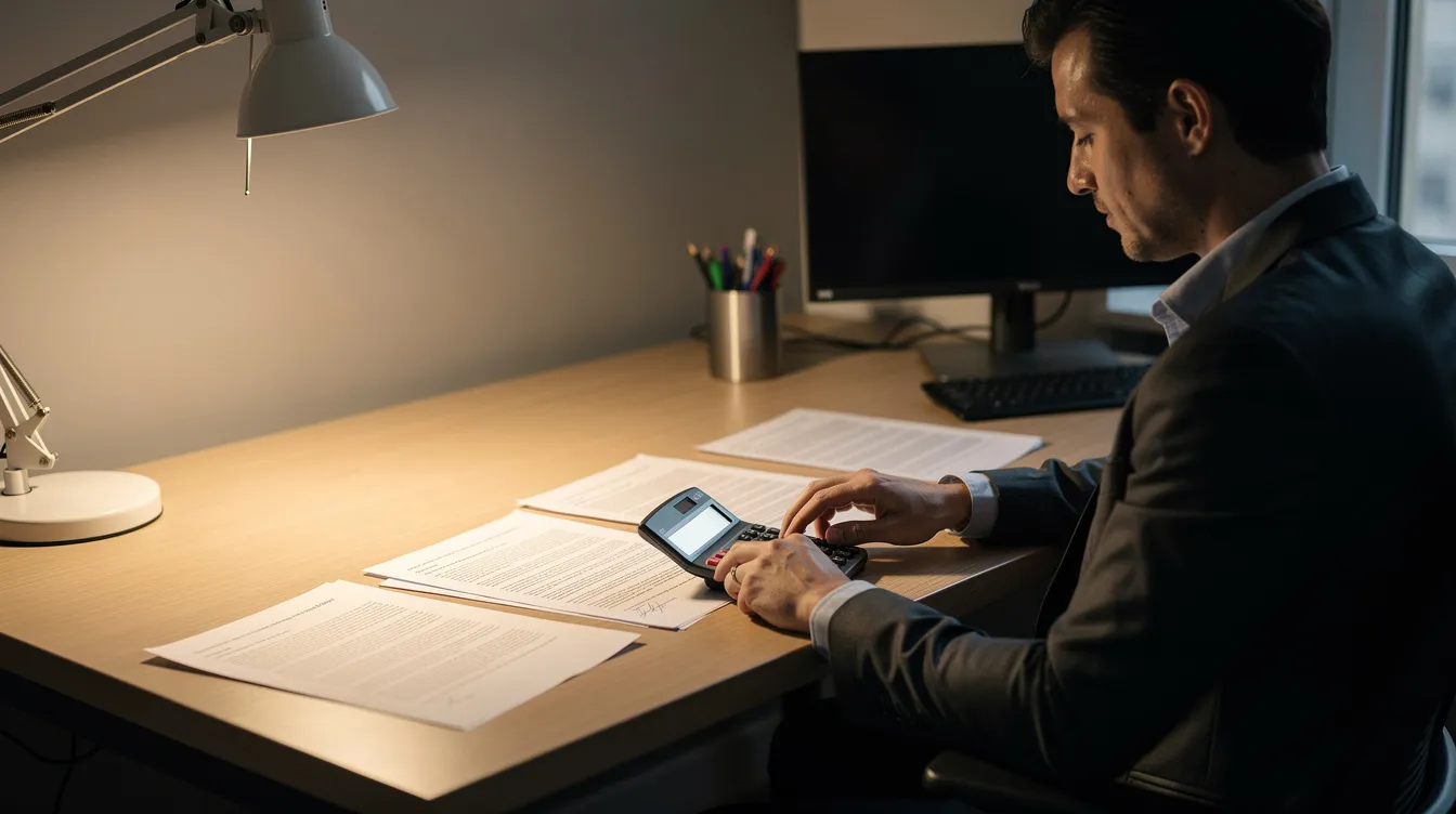 A person is sitting at a desk in a warmly lit office, comparing various documents and using a calculator, possibly to analyze loan terms and conditions. The scene suggests a focus on financial planning, potentially involving private loans and interest rate calculations.