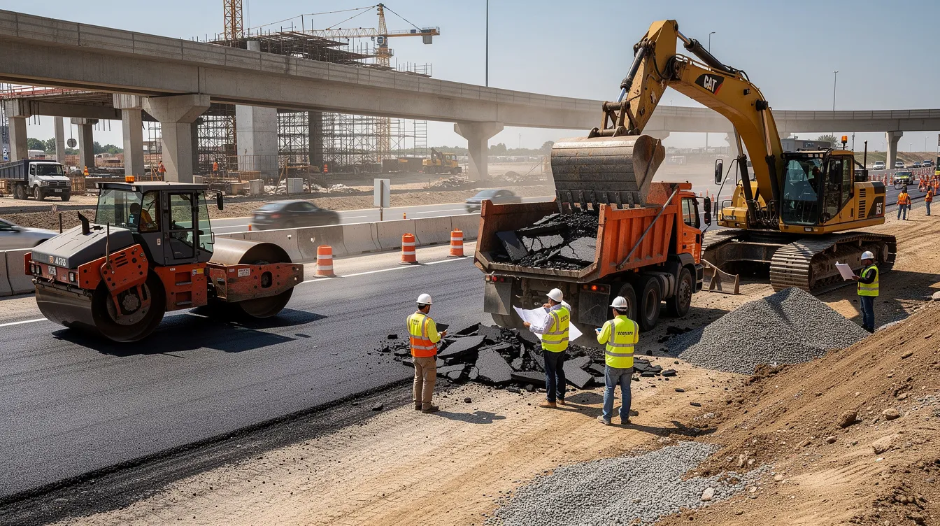 The image depicts heavy construction equipment, including bulldozers and excavators, actively working on a highway project, showcasing the dynamic environment of the construction industry. This scene highlights the importance of construction bonds, such as performance and payment bonds, which protect project owners and ensure financial stability throughout the project's completion.