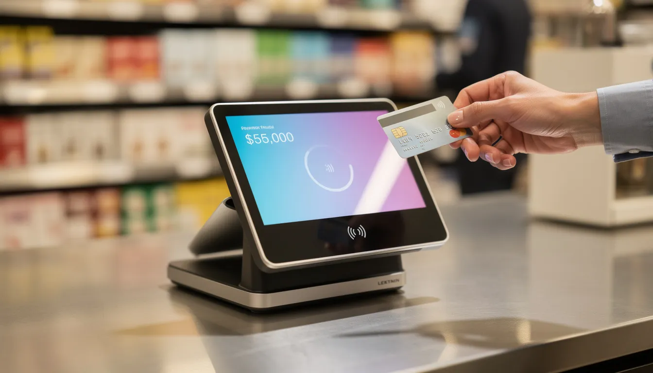 A modern payment terminal is displayed in a retail environment, showcasing its ability to accept contactless card payments, providing a secure and efficient transaction process for customers and merchants alike. This technology enhances the payment services offered by businesses, ensuring compliance with security standards while facilitating seamless financial interactions.
