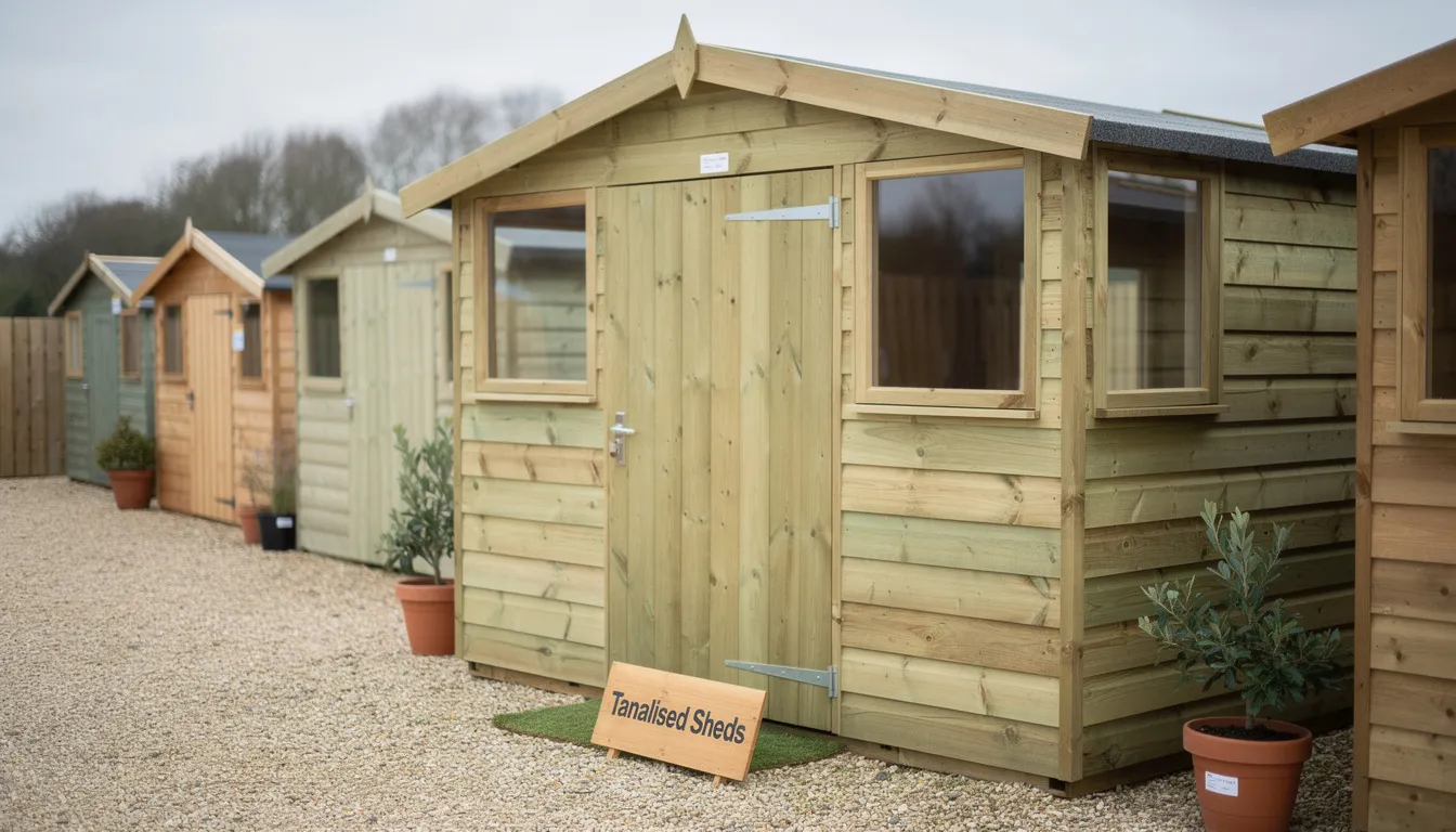The image showcases a tanalised shed with a strong timber frame, designed to withstand high winds and wet weather, ideal for garden storage. Its pressure-treated wood ensures low maintenance and great quality, providing security for your belongings while complementing various outdoor styles.
