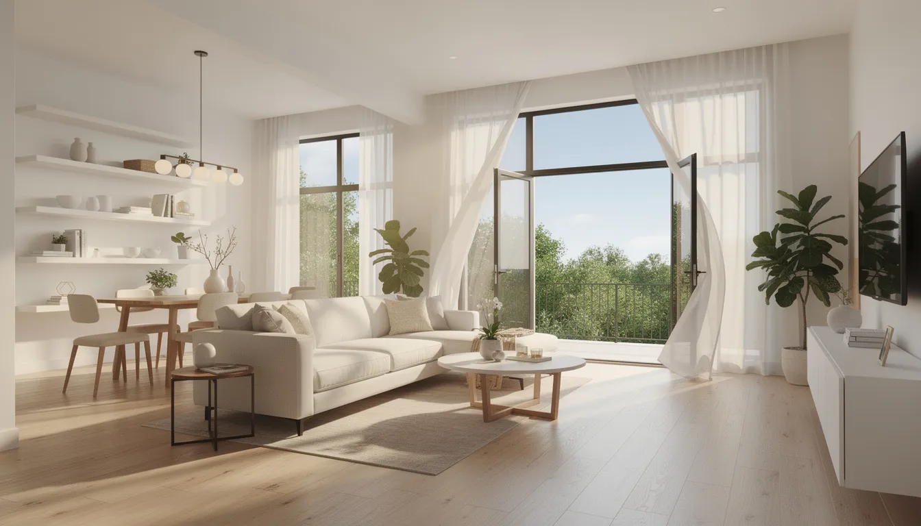 The image showcases a clean and bright modern interior of an Austin home, featuring open windows that allow fresh natural light to flood the space, creating an odor-free environment. The inviting atmosphere suggests effective odor removal, enhancing indoor air quality and eliminating any unpleasant odors.