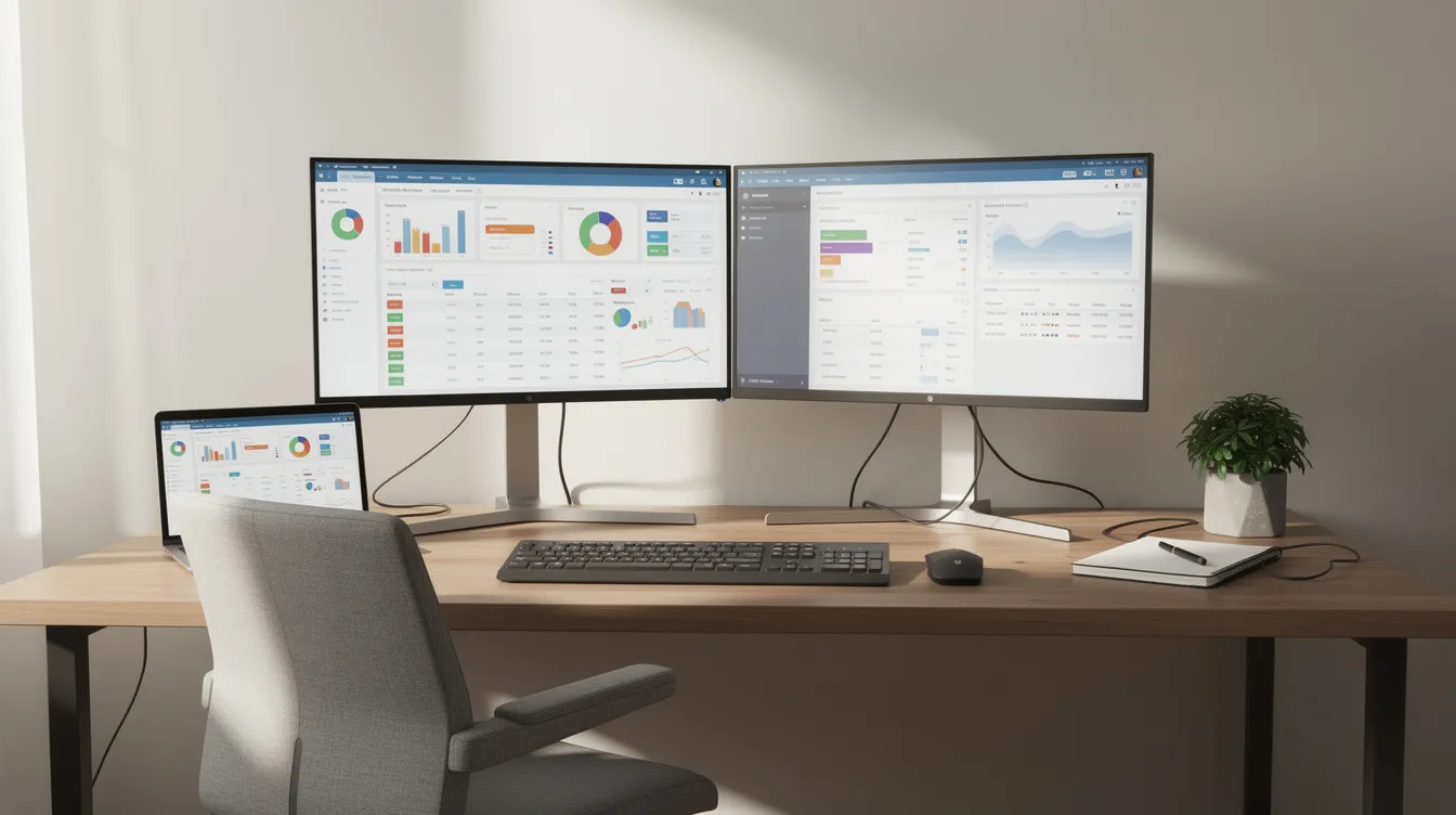 The image depicts a modern home office workspace featuring dual monitors, one displaying analytics dashboards and the other showcasing inventory management software. This setup highlights the use of AI-powered dropshipping tools to optimize store operations and enhance customer satisfaction in an ecommerce store.