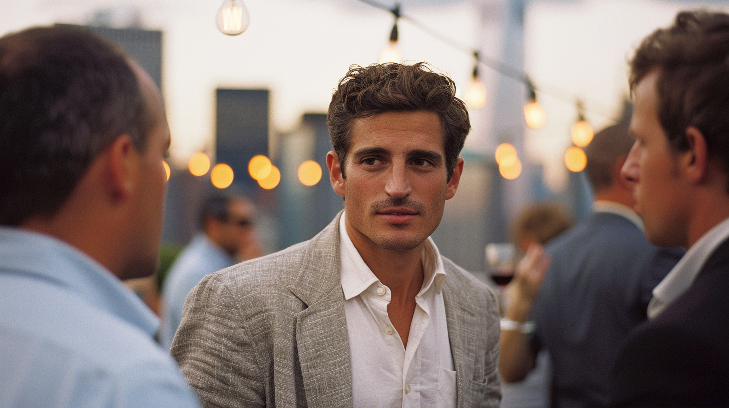 Distinguished man in his 30s on a Manhattan apartment balcony at dusk reflecting on a childhood memory, depicting how the social exclusion schema in men forms before age 10 and follows successful professionals into adult life.