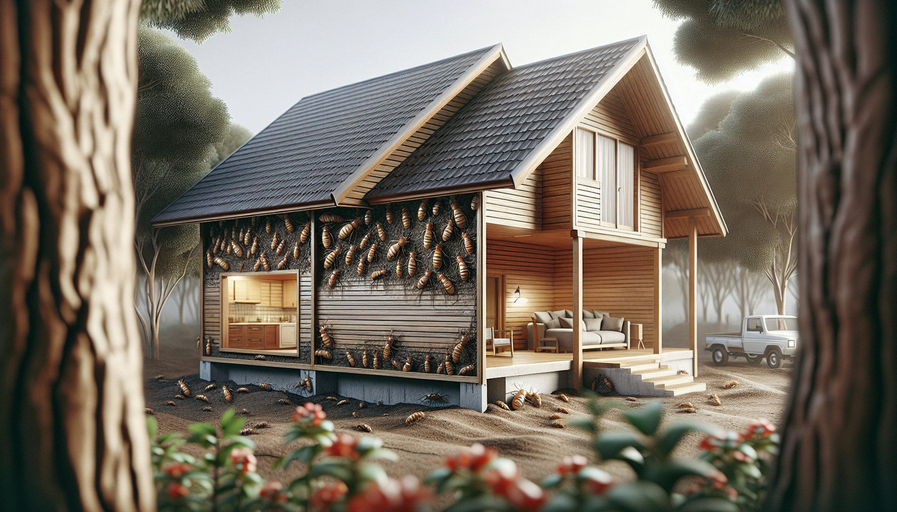Illustration of drywood termites infesting wooden structures