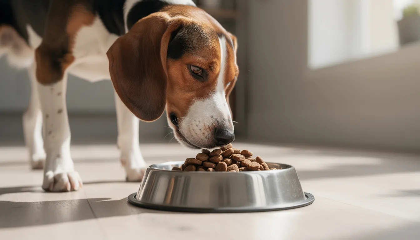 An English Foxhound is enjoying a bowl of high-quality dog food, showcasing its deep chest and short coat. The scene captures the dog's active and healthy lifestyle, highlighting its role as a great companion and a member of the hound breed family.