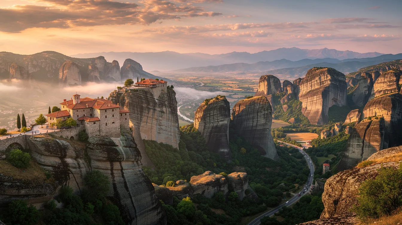A imagem retrata as impressionantes formações rochosas de Meteora, na Grécia, onde mosteiros estão construídos no topo das rochas. Este destino é famoso por sua história e cultura, atraindo viajantes em busca de experiências únicas e vistas deslumbrantes do mar Egeu.