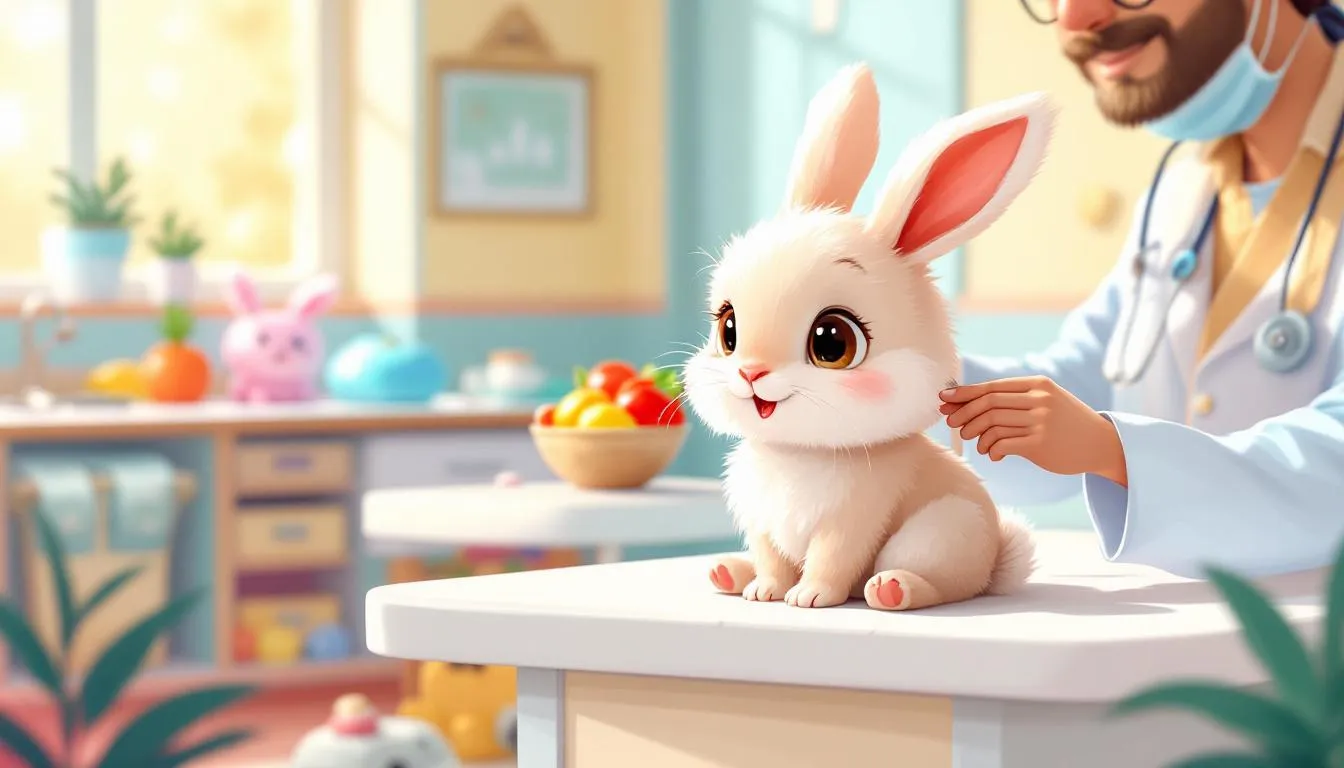 A rabbit at the veterinary clinic receiving attention for its health issues.