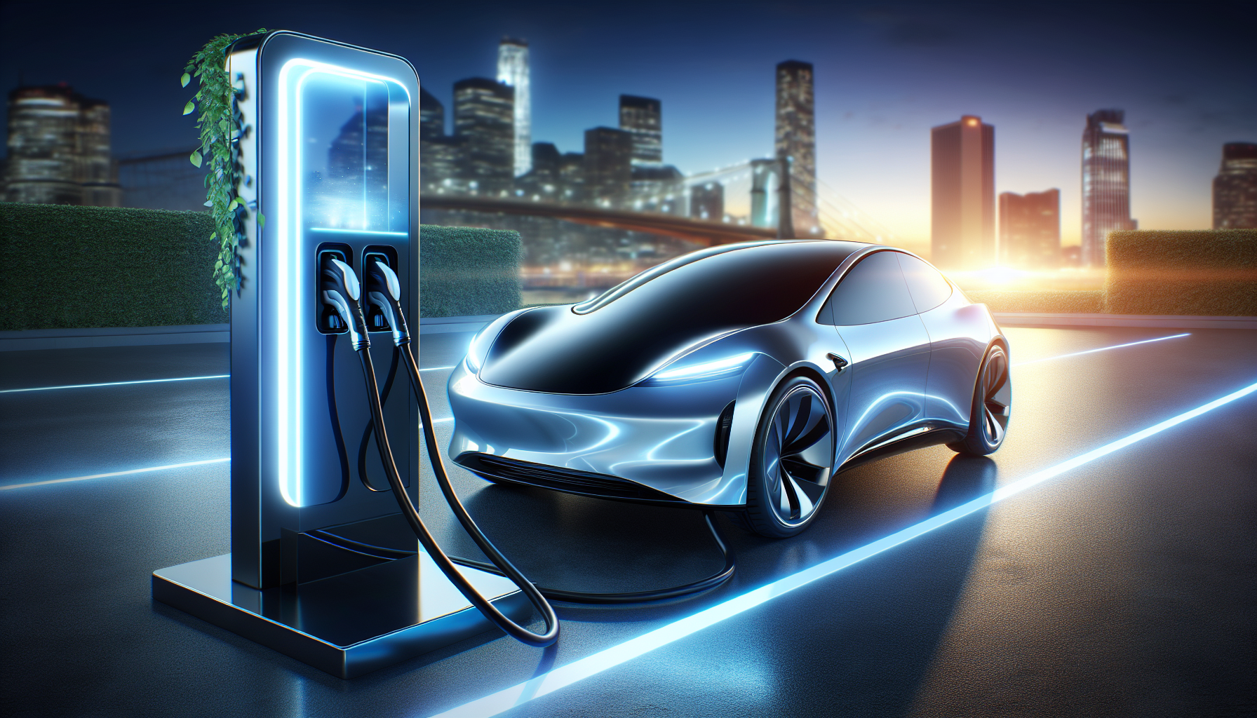 Illustration of an electric car charging at a charging station