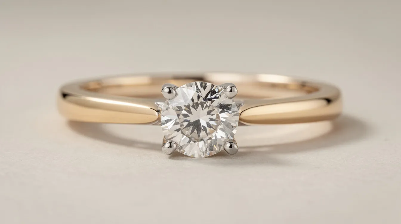 The image features a two-tone engagement ring with a polished platinum setting and a warm yellow gold band, showcasing a beautiful mix of metals that creates visual interest and depth. The contrast between the cool platinum and the warm yellow gold enhances the ring's modern design.