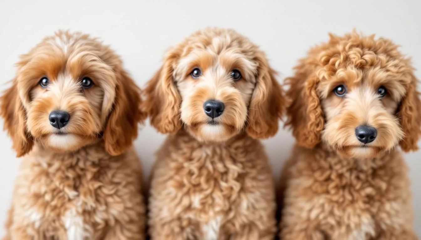 A close-up comparison showcases the different coat types of mini goldendoodles, featuring straight, wavy, and curly textures side by side. Each coat variation highlights the hypoallergenic qualities of this mixed breed, making them an excellent choice for families and allergy sufferers.