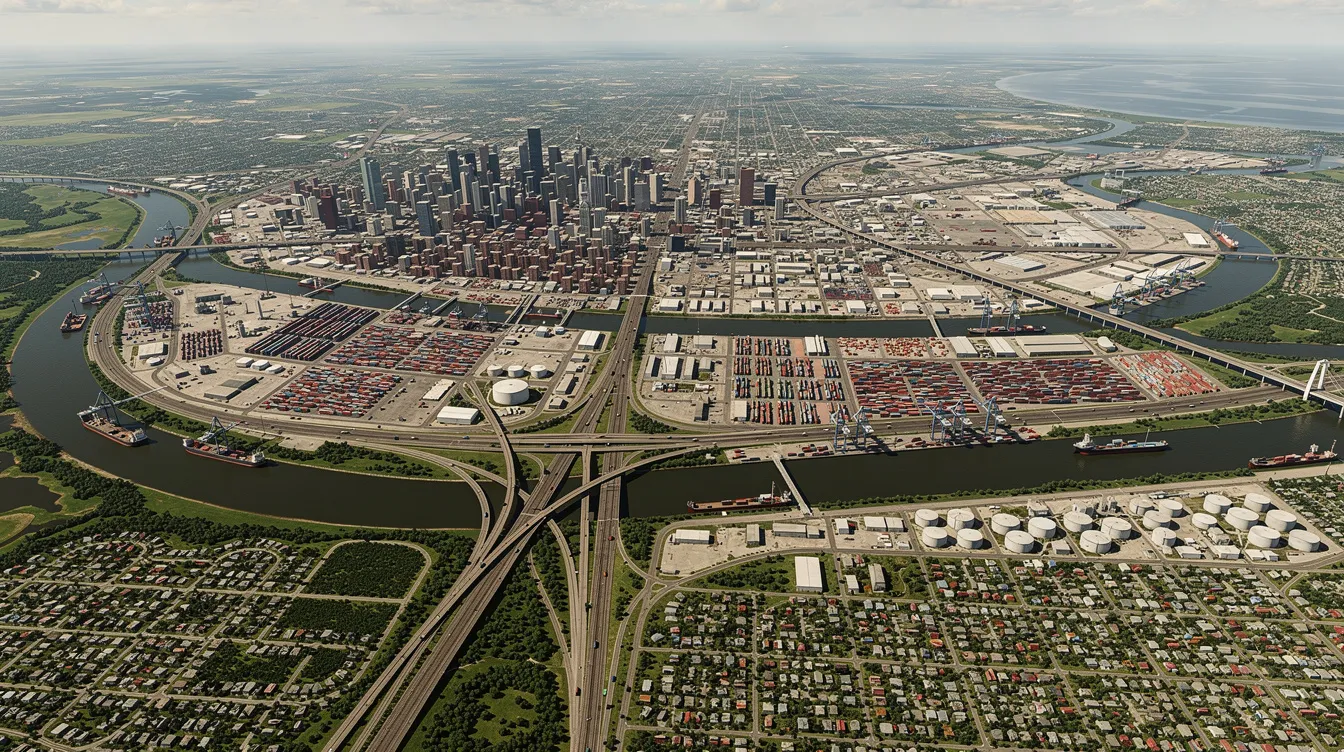 An aerial view of the New Orleans metropolitan area showcases the bustling commercial and industrial districts along the Mississippi River, highlighting various commercial buildings that may rely on efficient HVAC systems for optimal performance. The scene reflects the vibrant urban landscape of New Orleans, LA, where businesses depend on reliable air conditioning and maintenance services to ensure year-round comfort.