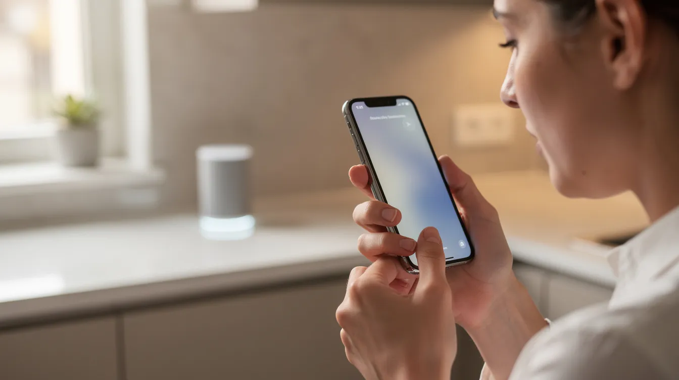 A person is speaking into a smartphone, while a smart home speaker is prominently placed on a kitchen counter in the background, illustrating the integration of voice search technology in everyday life. This scene reflects the growing trend of using AI systems for home automation, which is increasingly relevant for HVAC businesses and their digital marketing strategies.
