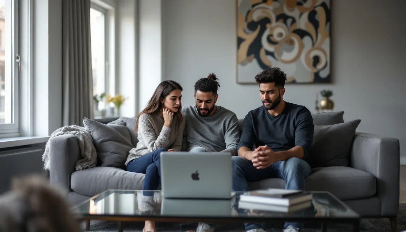In an elegant Manhattan or Brooklyn luxury apartment, a diverse couple, either Latino, Indian, or biracial, sits together with tense expressions, their laptop displaying a therapist via telehealth on an iMac. The atmosphere reflects the complexities of their romantic relationship, as they navigate feelings of anxiety and stress, indicative of an exhausting cycle that can arise in both healthy and toxic relationships.