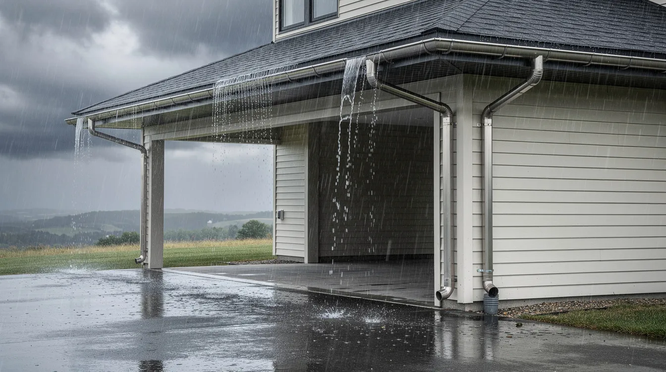 The image depicts a house exterior during a storm, showcasing rain gutters and downspouts that effectively channel water flow away from the property. This setup is essential for homeowners to prevent costly water damage and maintain a healthy home by managing potential leaks and other issues associated with plumbing systems.