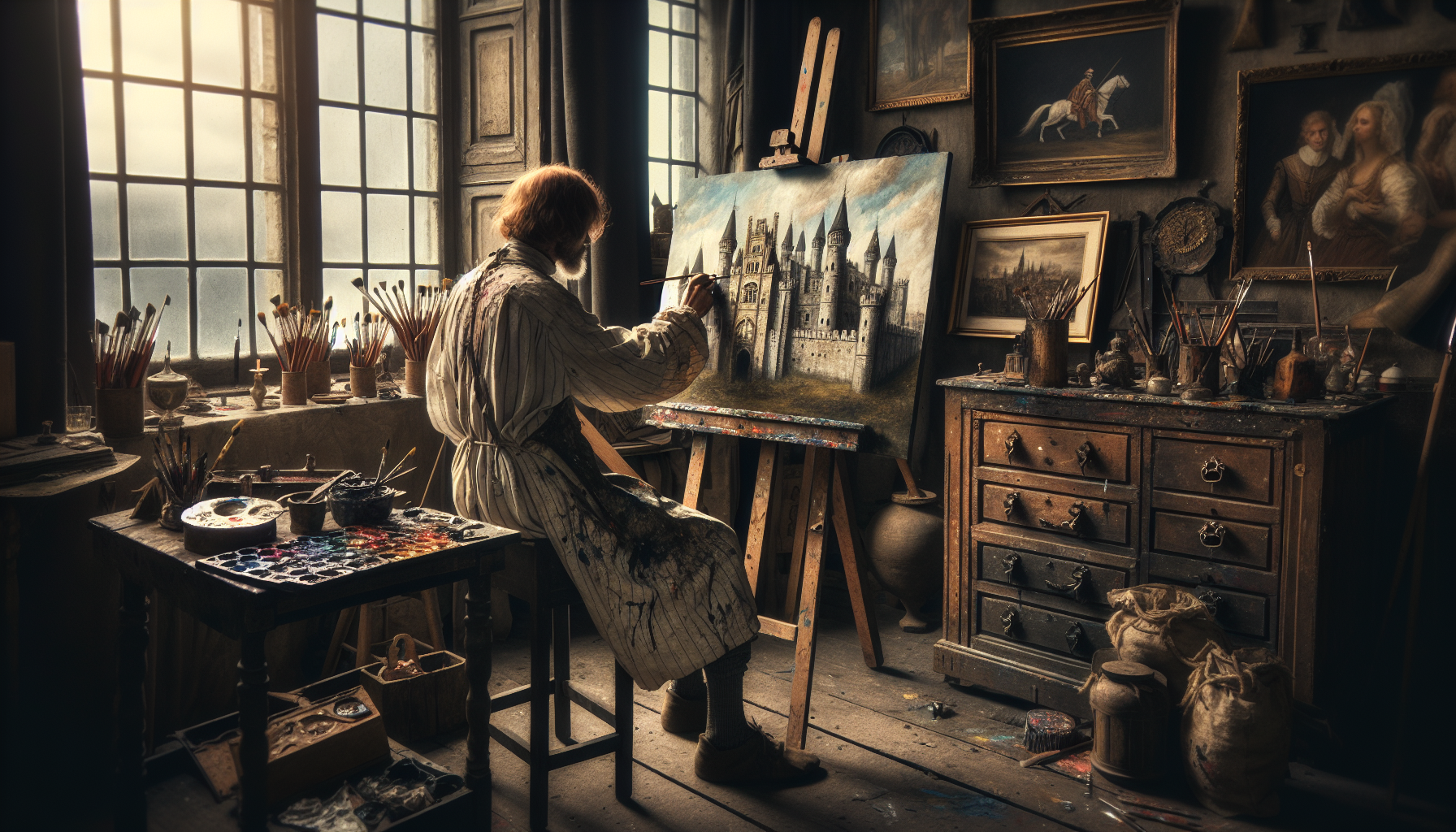 An artist painting a scene from a historical fiction novel