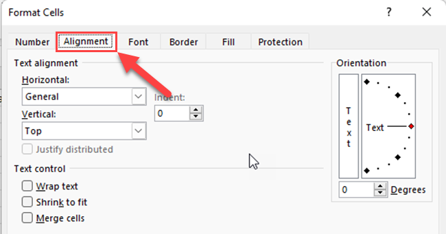 The Alignment tab of the Format Cells dialog box