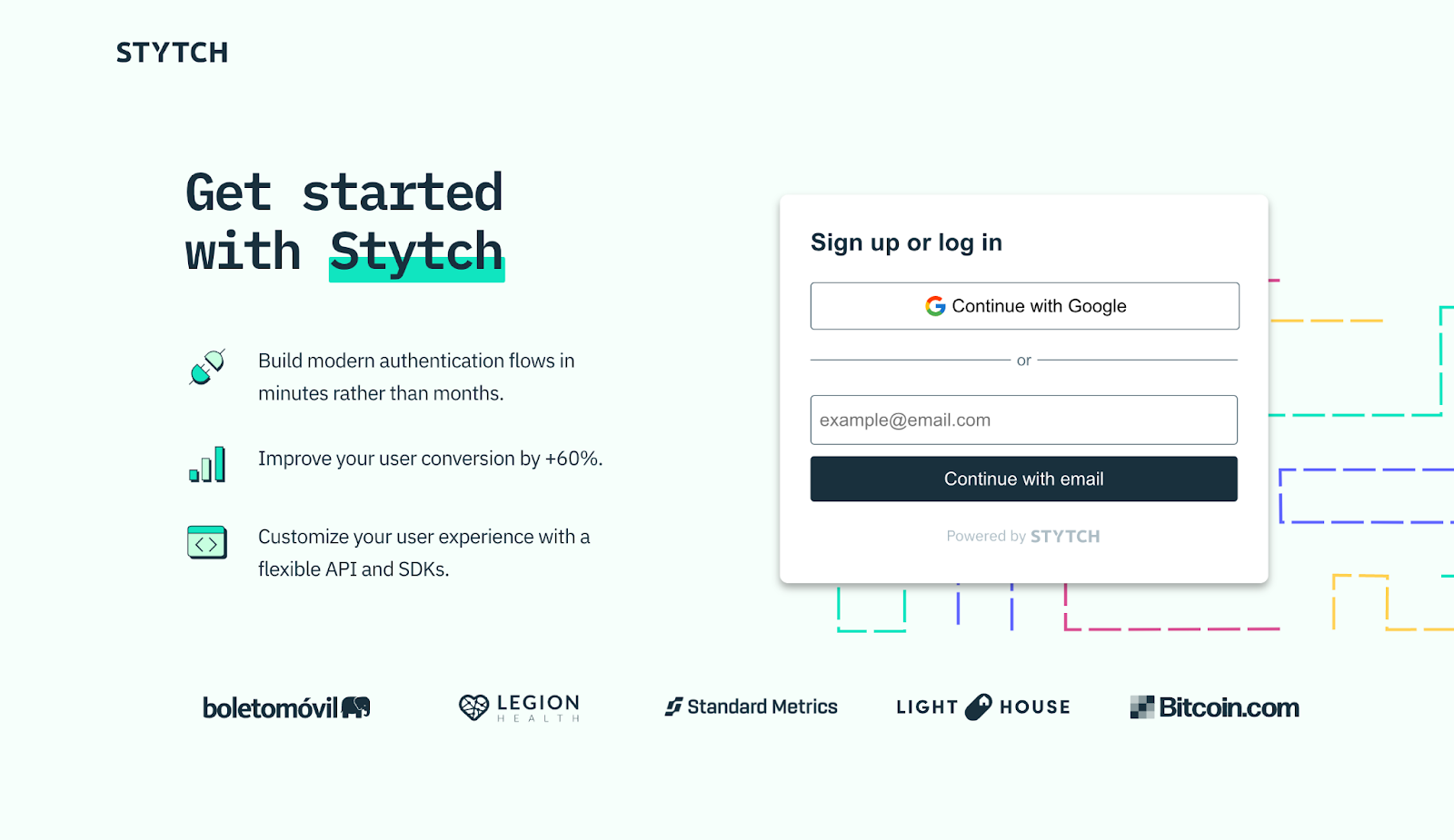 Stytch uses the signup pages to reinforce its value proposition.