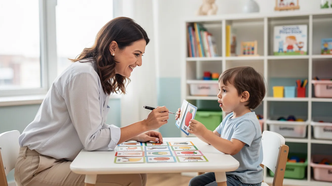 A speech therapist is engaging with a young child in a bright clinical setting, using visual cards to support the child's speech and language development. This interaction aims to address speech and language challenges and enhance the child's communication skills through tailored activities.