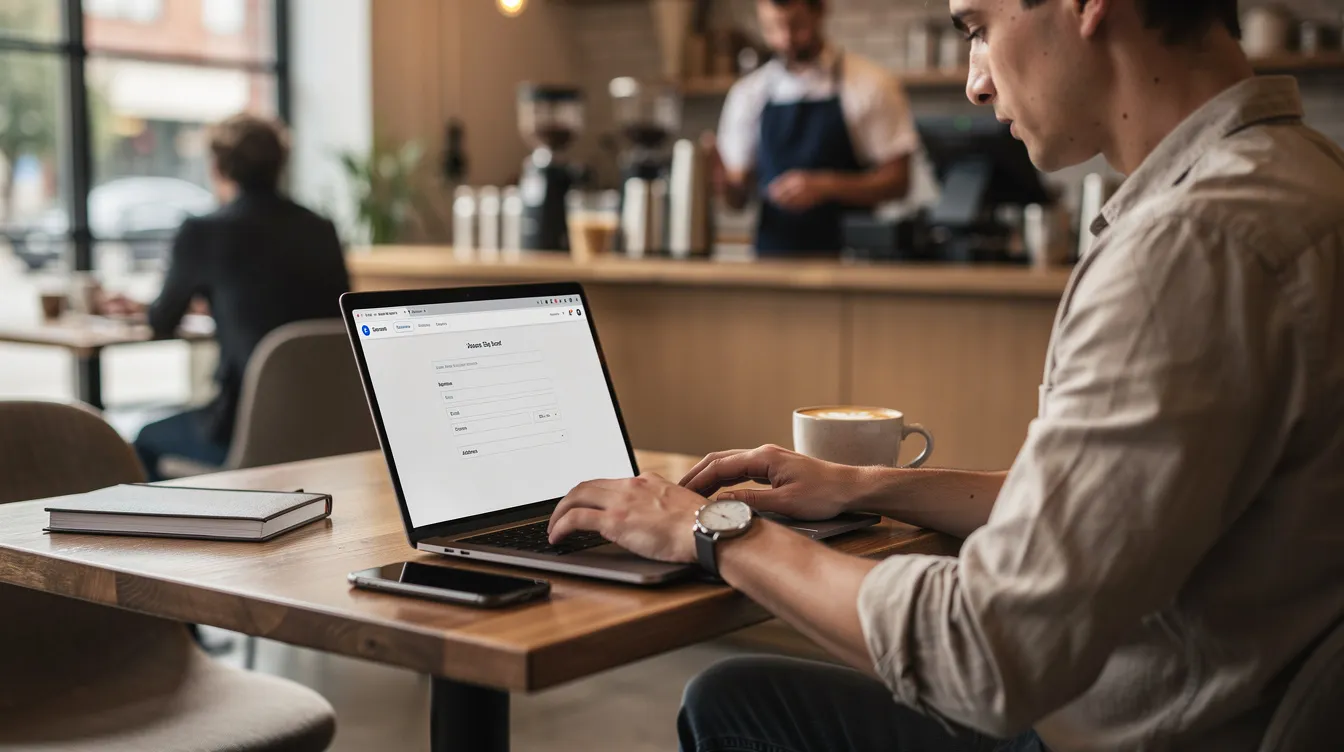A young professional is sitting at a coffee shop, focused on their laptop as they fill out an online loan application form. The scene captures a modern workspace ambiance, highlighting the convenience of applying for a loan, such as a 小額 貸款, from anywhere with internet access.
