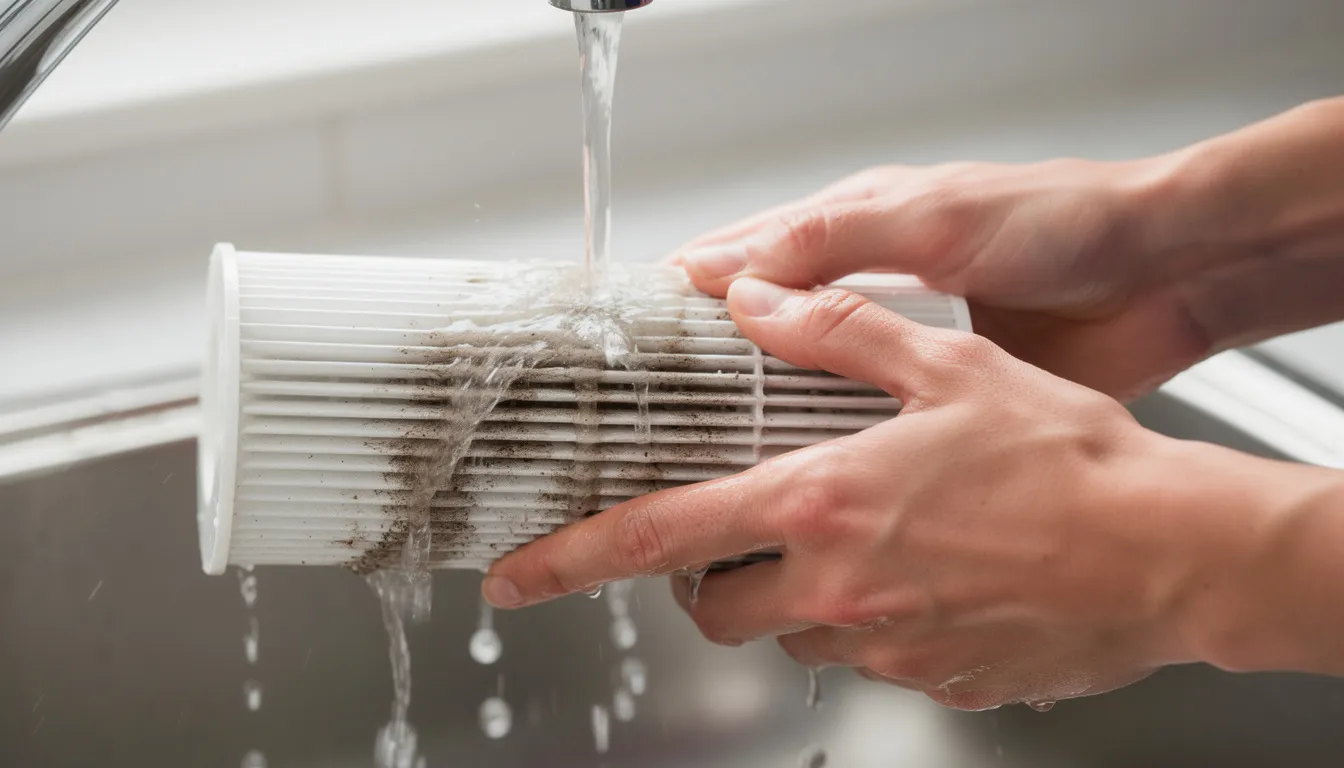The image shows hands rinsing a cartridge filter under running water, emphasizing the importance of maintaining clean filtration for optimal water quality in a cold plunge tub or pool. This common practice helps ensure effective cold water exposure and enhances the benefits of cold immersion for overall wellness.
