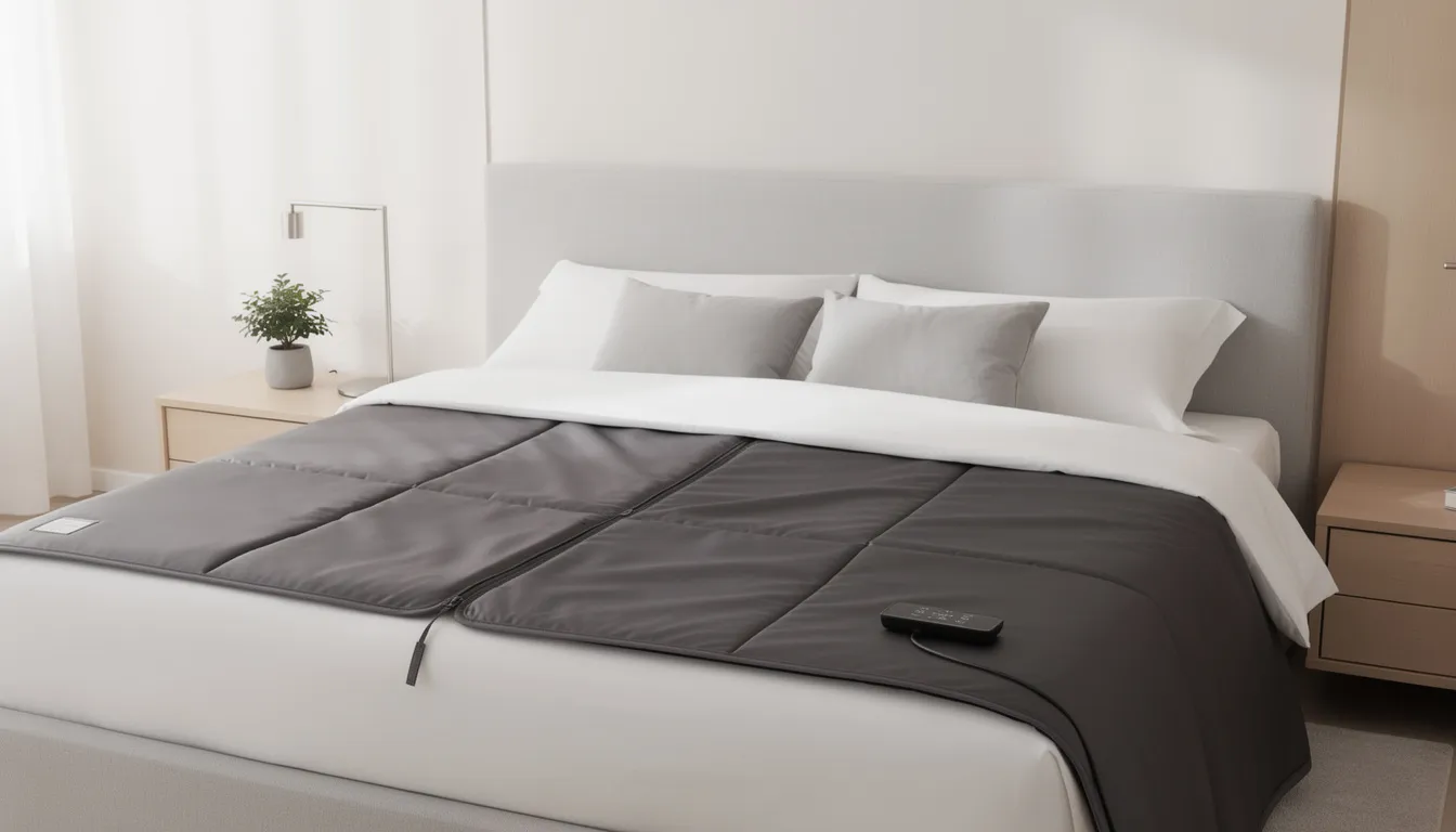 A premium infrared sauna blanket is neatly laid out on a bed in a modern, minimalist bedroom, inviting a relaxing sauna session. The clean surroundings complement the portable sauna experience, highlighting its potential for home wellness and stress relief.