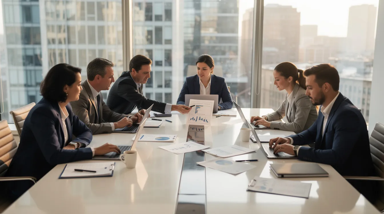A group of business professionals collaborates around a conference table, engaged with laptops and documents as they discuss strategies and insights related to market trends and investment firms. This scene highlights the importance of expert network services in facilitating informed decision-making and accessing valuable insights from industry specialists.