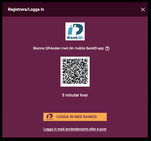 SimbaGames Casino registrering och inloggning via BankID med QR-kod