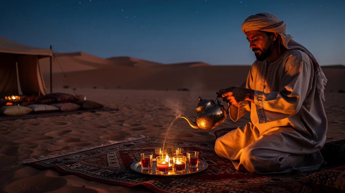 A local guide is pouring traditional mint tea beside a warm campfire at a desert camp in the Sahara Desert, with the soft glow of the flames illuminating the sandy surroundings and the vast dunes of Southern Morocco in the background. This scene captures the essence of a cultural experience in the Moroccan Sahara, perfect for those exploring the beauty of the desert landscape.