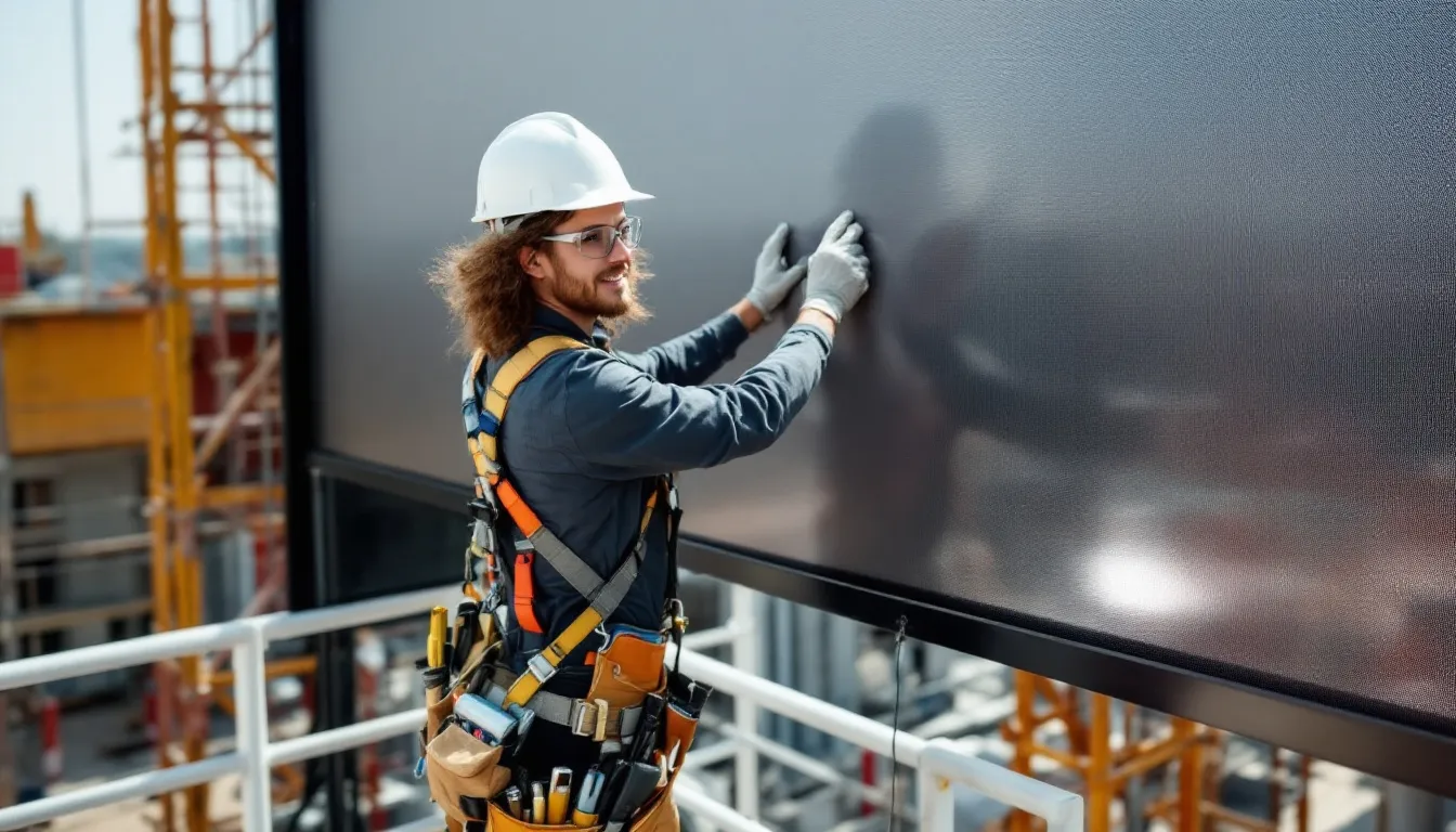 Een professionele installateur werkt op hoogte aan de installatie van een screen, waarbij hij veiligheidsuitrusting draagt. Op de achtergrond zijn kunststof kozijnen en een muur zichtbaar, wat de context van de montage benadrukt.